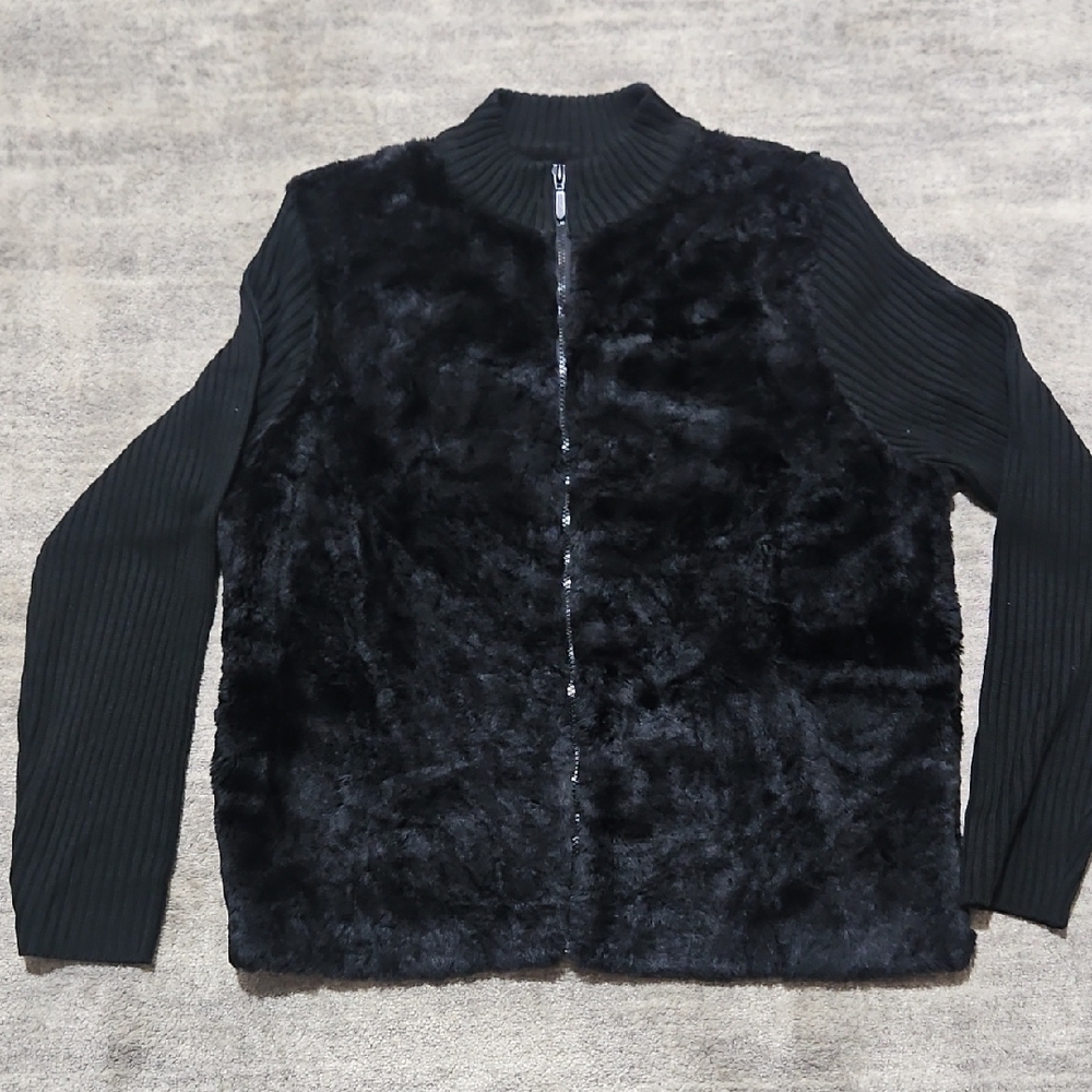 Kathie Lee Collection Black Zip-Up Sweater with Faux Fur